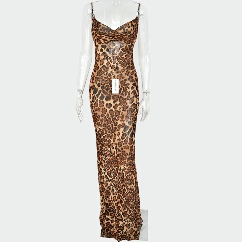 TCF Leopard Print Chiffon Maxi Sheer Beach Dress